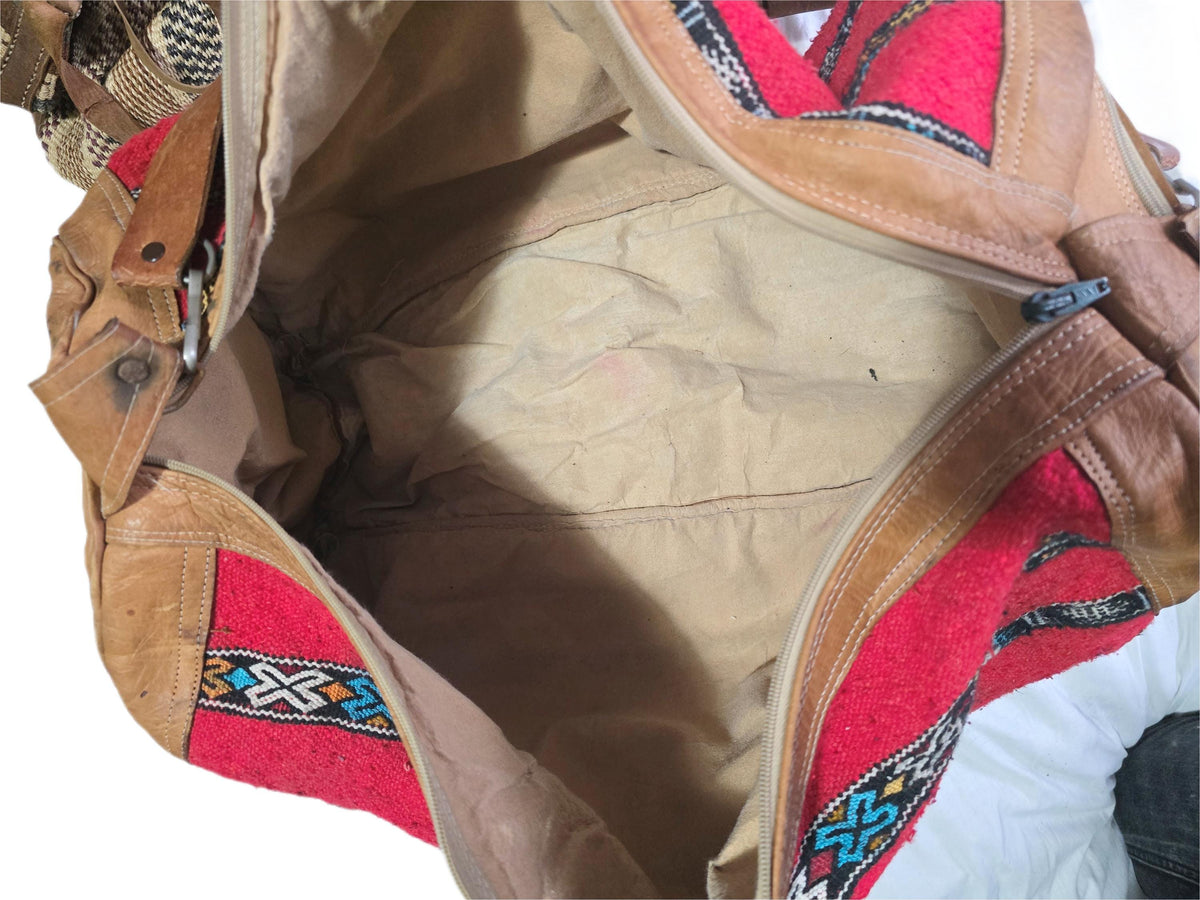 Vintage Moroccan Kilim Carpet Travel Bag, Large Leather Duffle, Boho Weekender Holdall, Hippie Festival Bag, Vintage Leather Bag