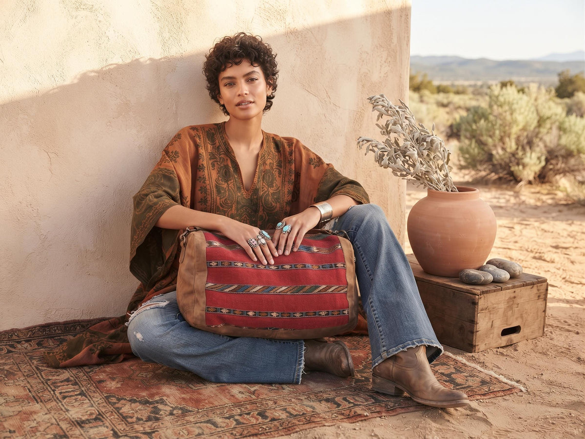 Vintage Moroccan Kilim Carpet Travel Bag, Large Leather Duffle, Boho Weekender Holdall, Hippie Festival Bag, Vintage Leather Bag