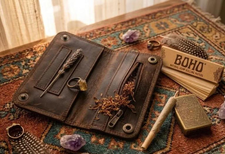 Mini Leather Wallet,  Tobacco Case, Weed Smoking Kit, Travel Organiser Pouch, Small Labradorite Stone Purse, Cigarette Holder