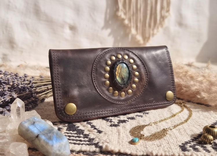 Mini Leather Wallet,  Tobacco Case, Weed Smoking Kit, Travel Organiser Pouch, Small Labradorite Stone Purse, Cigarette Holder