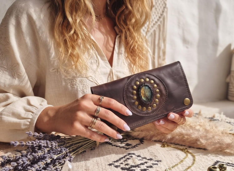 Mini Leather Wallet,  Tobacco Case, Weed Smoking Kit, Travel Organiser Pouch, Small Labradorite Stone Purse, Cigarette Holder