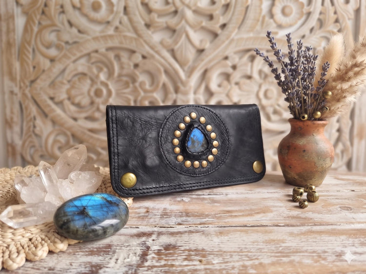 Mini Leather Wallet,  Tobacco Case, Weed Smoking Kit, Travel Organiser Pouch, Small Labradorite Stone Purse, Cigarette Holder