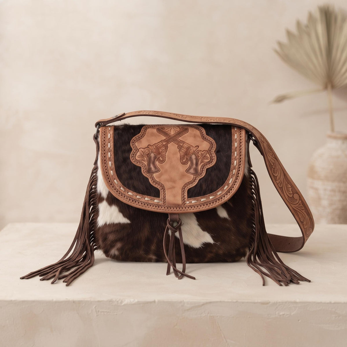 Tooled Leather Cowhide Crossbody Bag: Western Pistol Design with Fringe