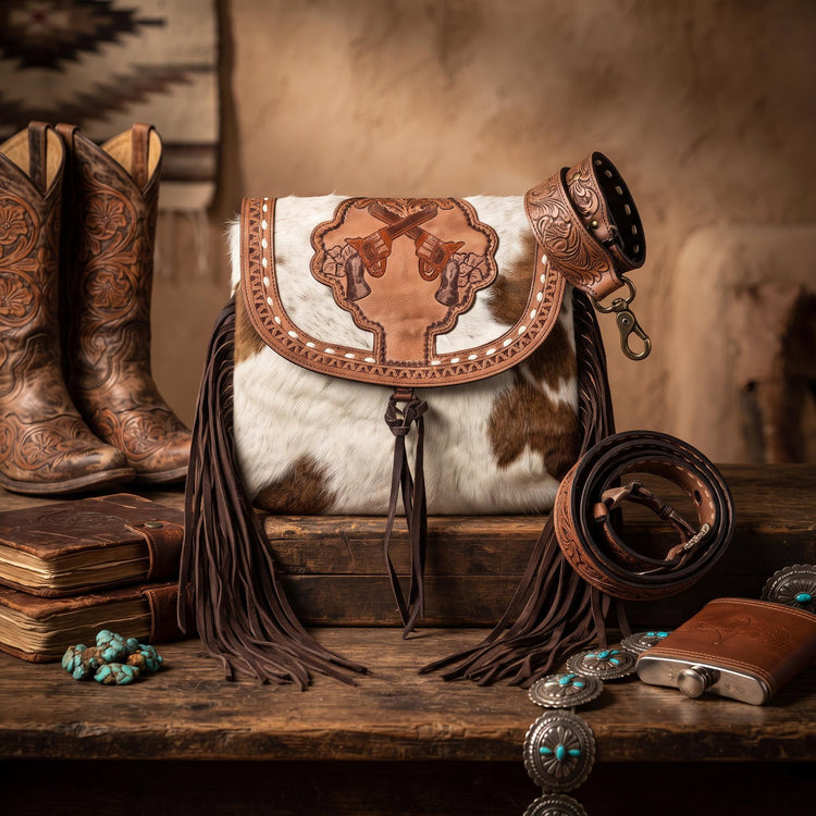 Tooled Leather Cowhide Crossbody Bag: Western Pistol Design with Fringe