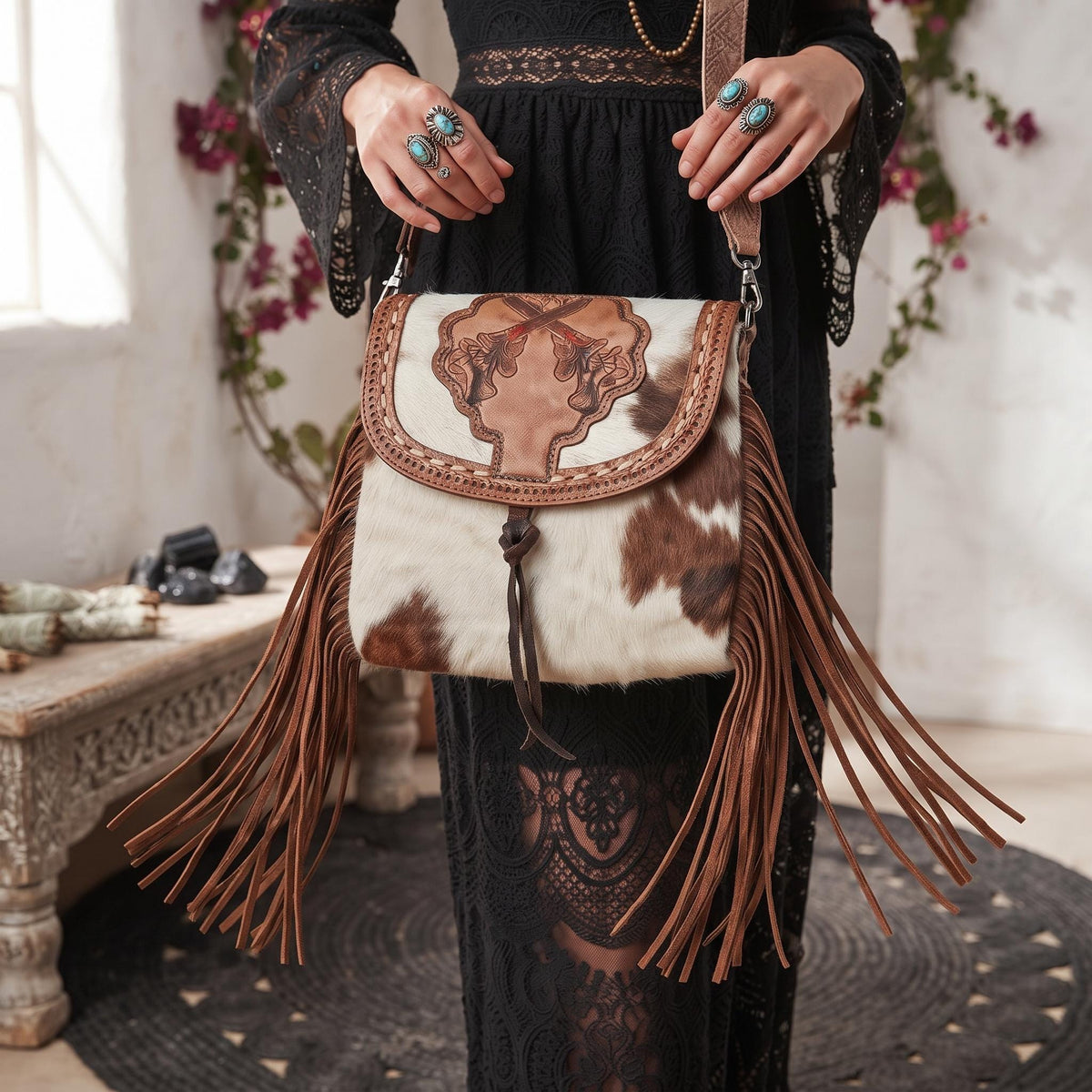 Hand Tooled Leather Wallet & Fringe Handbag Set: Western Cowhide Pistol Design