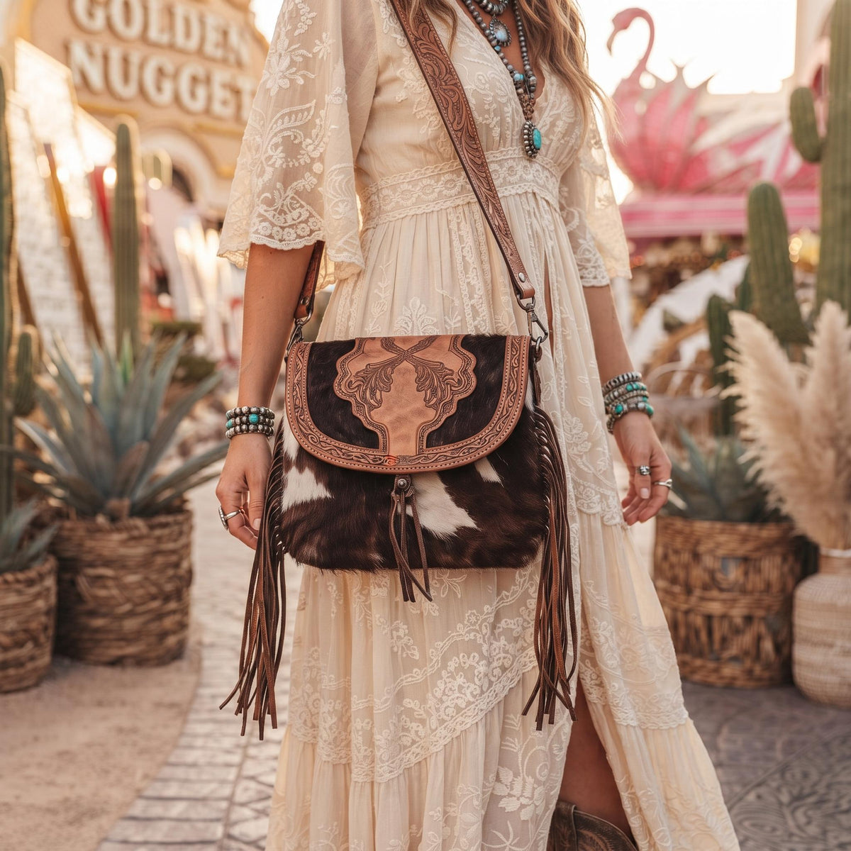 Hand Tooled Leather Wallet & Fringe Handbag Set: Western Cowhide Pistol Design