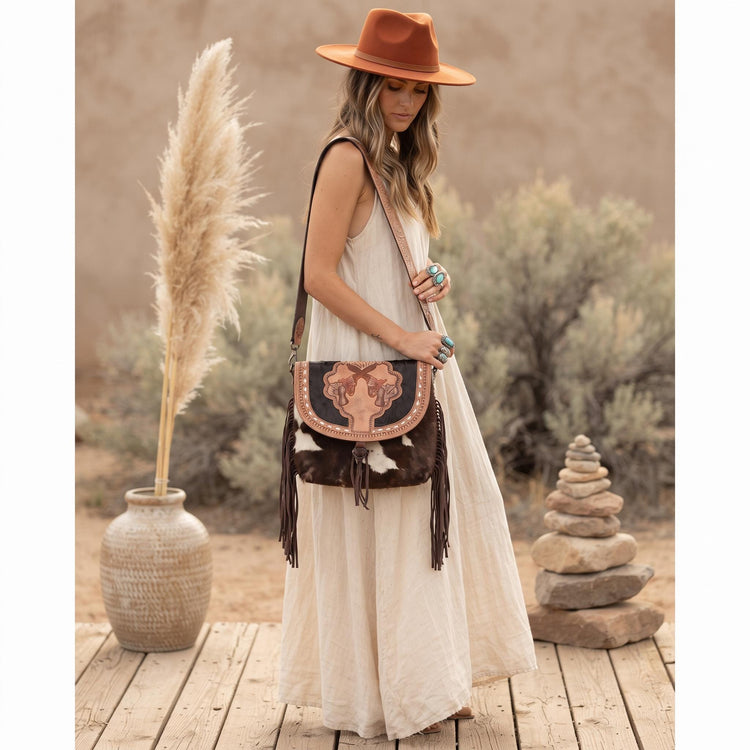 Hand Tooled Leather Wallet & Fringe Handbag Set: Western Cowhide Pistol Design