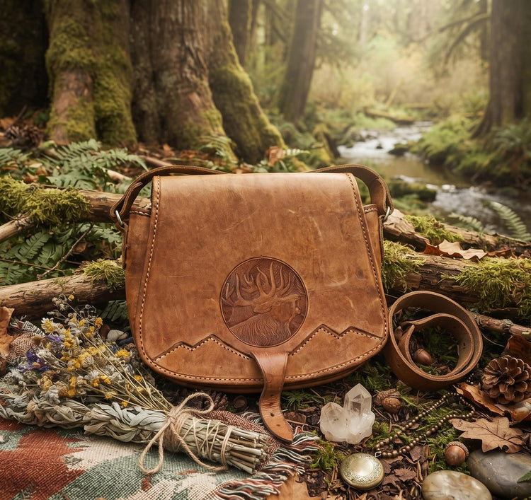 Vintage Tooled Leather Crossbody Bag, Elk Antler Saddle Bag, Woodland Cottagecore Purse, Boho Hippie Shoulder Bag, Naturecore Gift