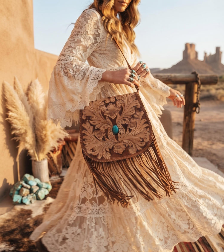 Western Fringe Leather Purse, Turquoise Tooled Crossbody Bag, Floral Boho Handbag, Cowgirl Tassel Bag, Hippie Leather Festival Purse