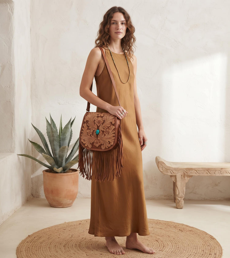 Western Fringe Leather Purse, Turquoise Tooled Crossbody Bag, Floral Boho Handbag, Cowgirl Tassel Bag, Hippie Leather Festival Purse
