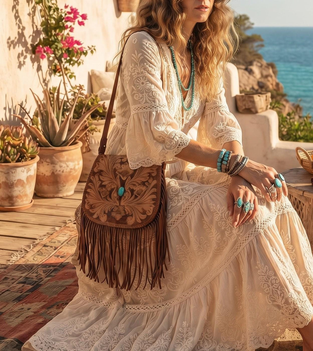 Western Fringe Leather Purse, Turquoise Tooled Crossbody Bag, Floral Boho Handbag, Cowgirl Tassel Bag, Hippie Leather Festival Purse