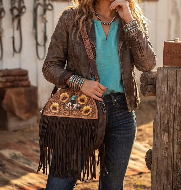Western Leather Fringe Purse, Hand Tooled Sunflower Cowgirl Bag, Rodeo Horse Crossbody, Southwestern Boho Leather Handbag, Festival Bag