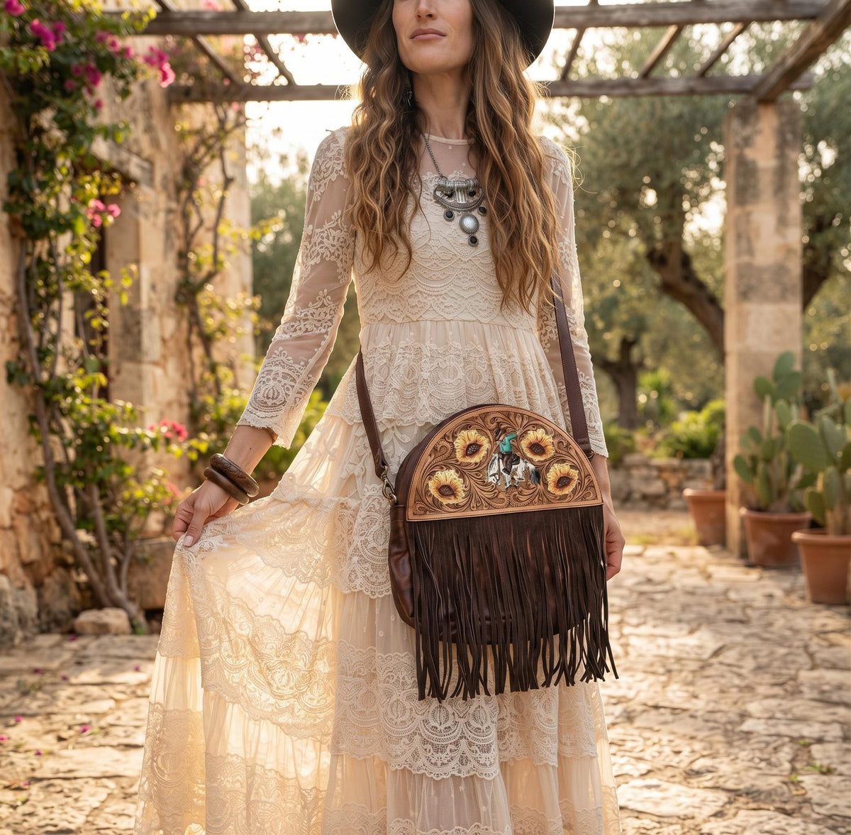 Western Leather Fringe Purse, Hand Tooled Sunflower Cowgirl Bag, Rodeo Horse Crossbody, Southwestern Boho Leather Handbag, Festival Bag