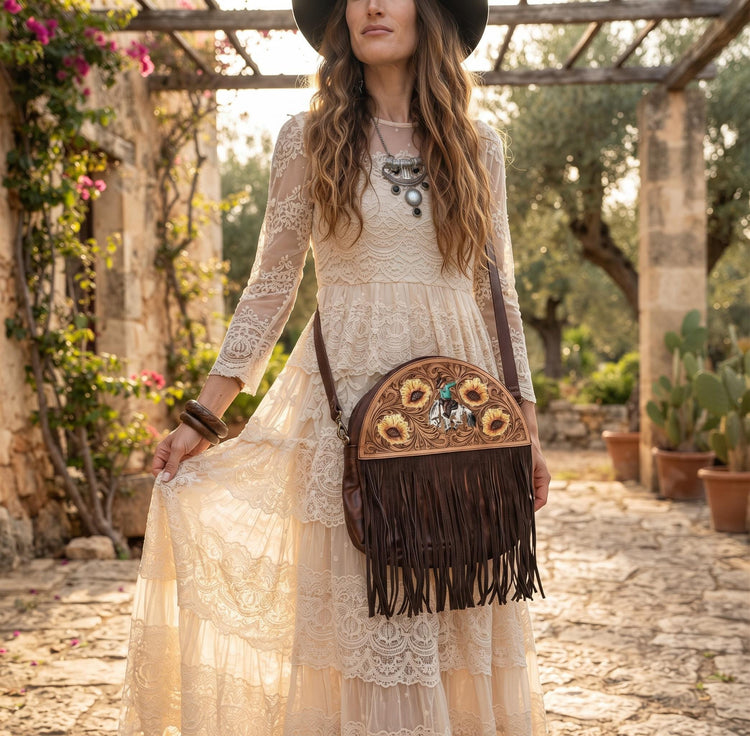 Western Leather Fringe Purse, Hand Tooled Sunflower Cowgirl Bag, Rodeo Horse Crossbody, Southwestern Boho Leather Handbag, Festival Bag