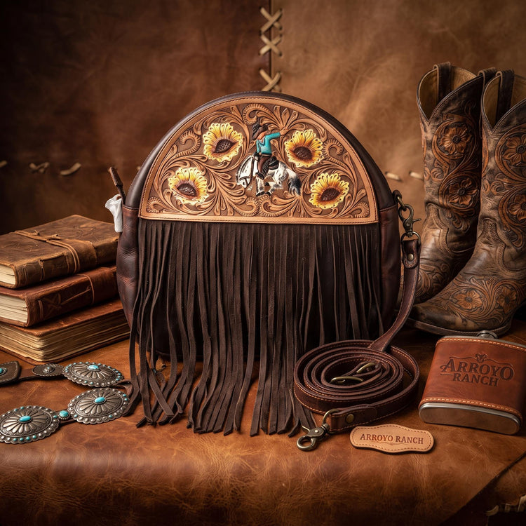Western Leather Fringe Purse, Hand Tooled Sunflower Cowgirl Bag, Rodeo Horse Crossbody, Southwestern Boho Leather Handbag, Festival Bag