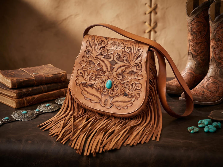Western Fringe Leather Bag, Tan Brown Tooled Crossbody Purse, Turquoise Stone Boho Handbag, Cowgirl Festival Bag, Hippie Leather Purse