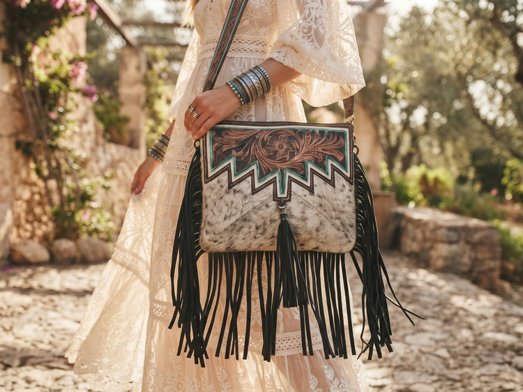Tooled Leather Cowhide Wallet Set: Western Turquoise Clutch & Crossbody Bag