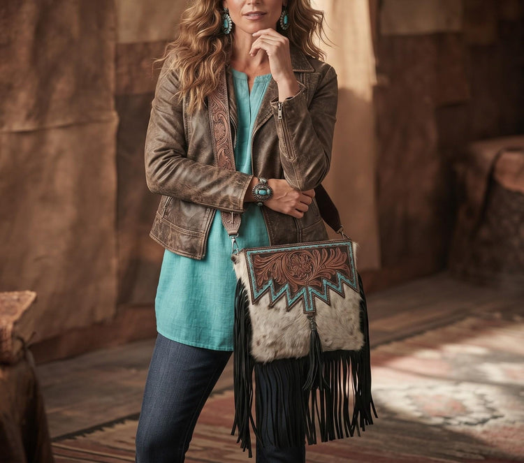 Tooled Leather Cowhide Wallet Set: Western Turquoise Clutch & Crossbody Bag