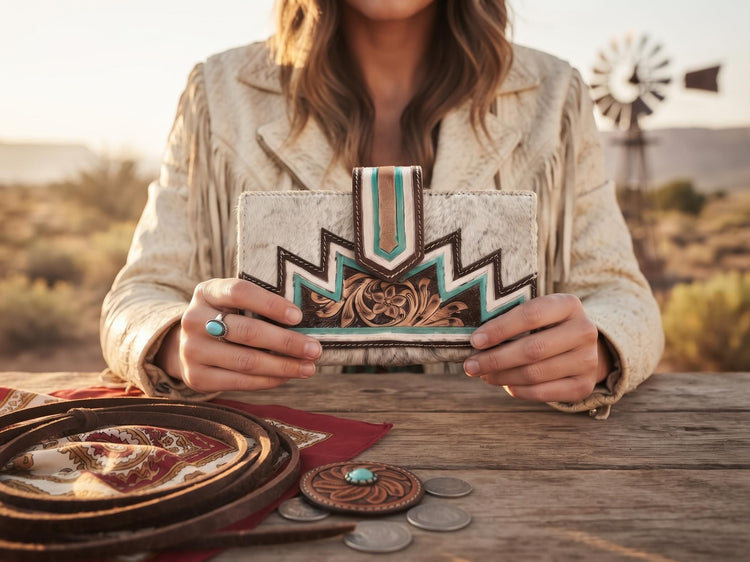 Tooled Leather Cowhide Wallet Set: Western Turquoise Clutch & Crossbody Bag