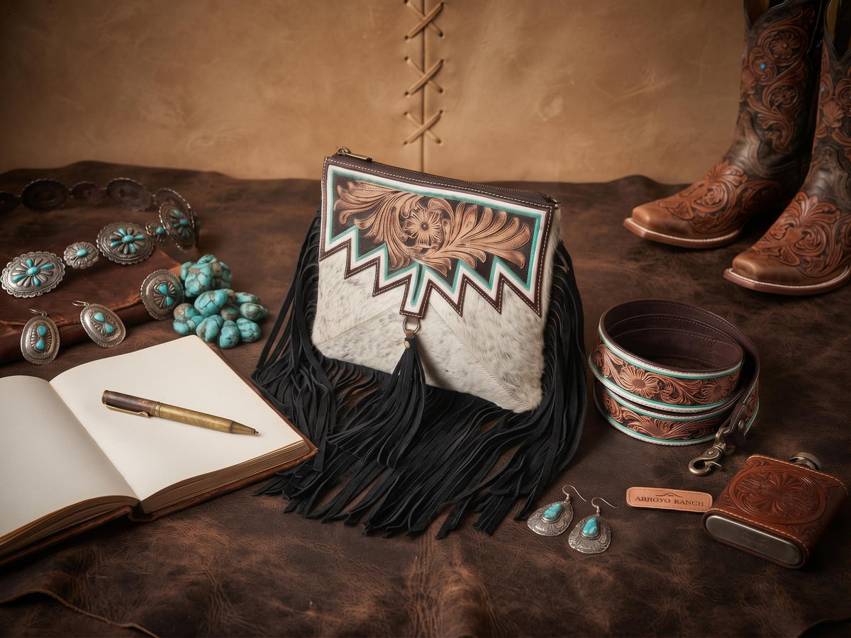 Tooled Leather Cowhide Wallet Set: Western Turquoise Clutch & Crossbody Bag