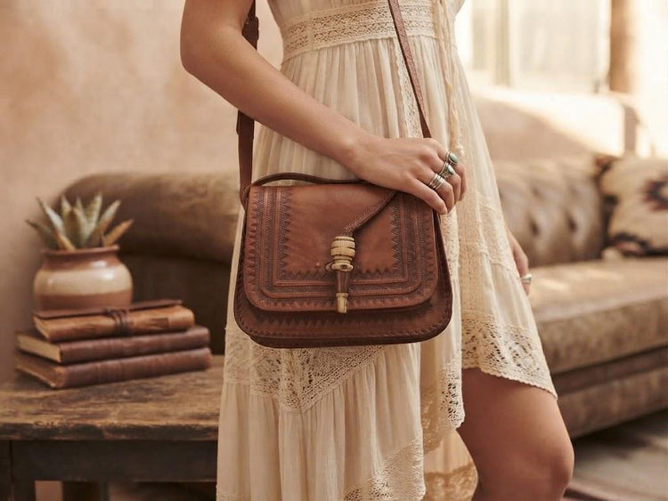 Vintage Western Leather Purse, Small Tooled Tan Brown Crossbody Bag, Boho Hippie Shoulder Bag, Rustic Leather Festival Purse