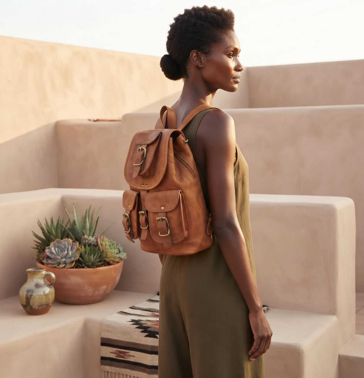 Vintage Leather Backpack, 1970s Hippie Rucksack, Tan Brown Leather Bag, Boho Backpack, Womens Festival Bag