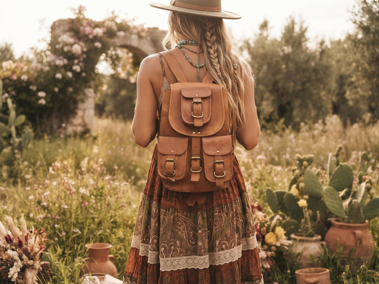 Vintage Leather Backpack, 1970s Hippie Rucksack, Tan Brown Leather Bag, Boho Backpack, Womens Festival Bag