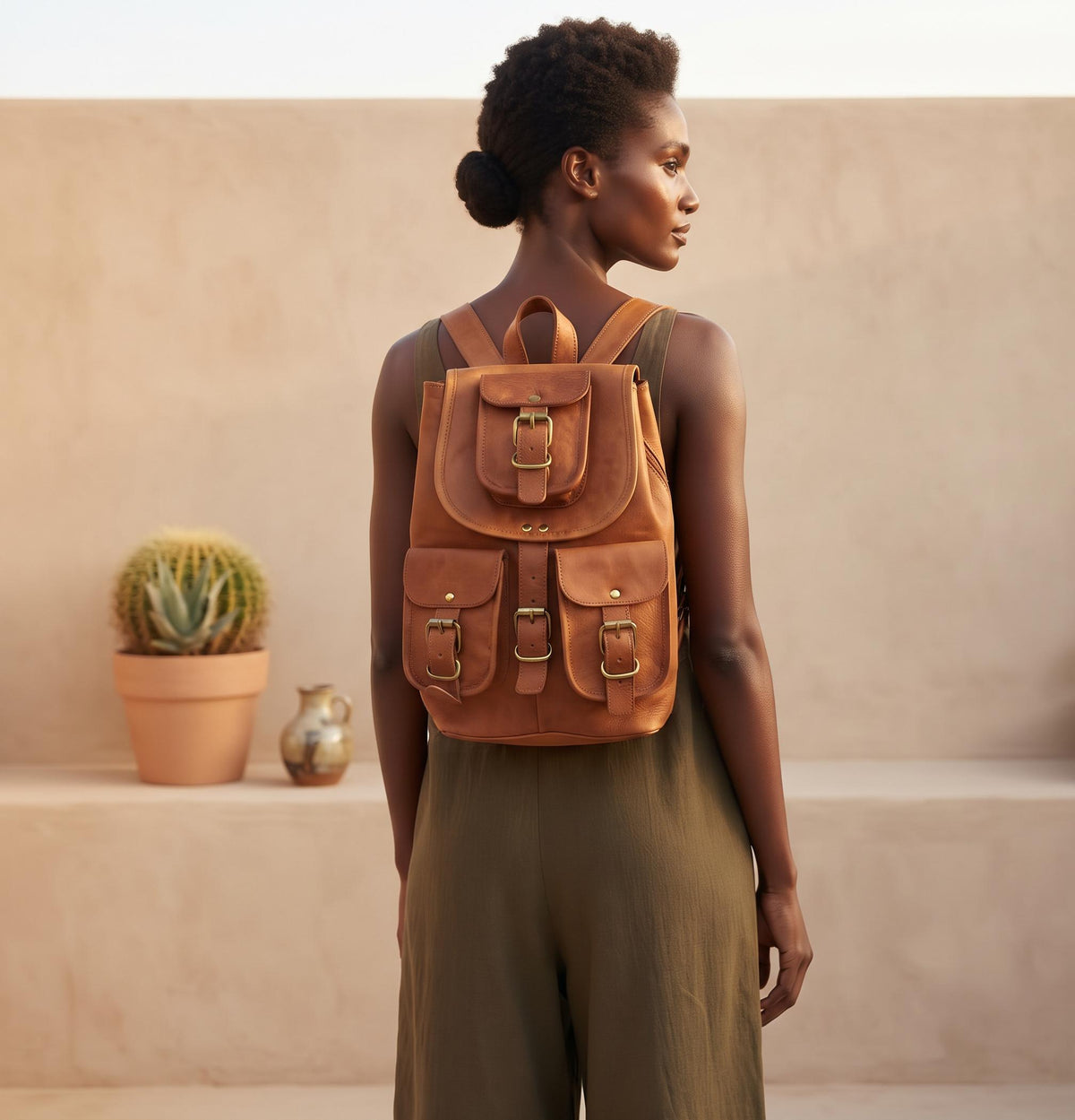 Vintage Leather Backpack, 1970s Hippie Rucksack, Tan Brown Leather Bag, Boho Backpack, Womens Festival Bag