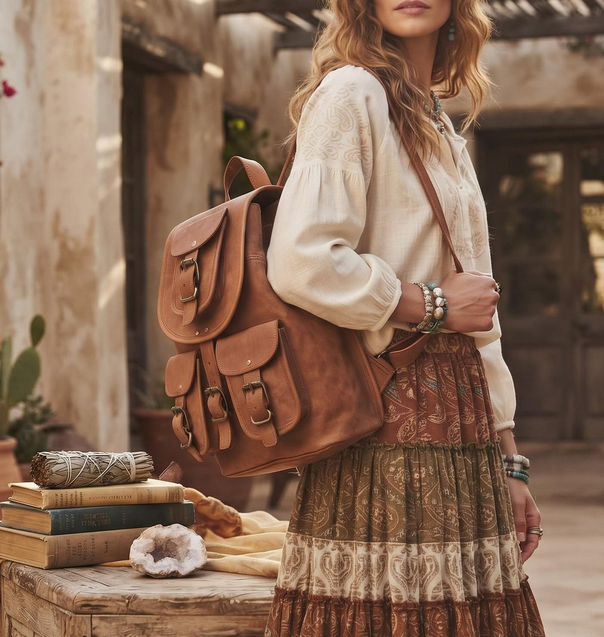 Vintage Leather Backpack, 1970s Hippie Rucksack, Tan Brown Leather Bag, Boho Backpack, Womens Festival Bag