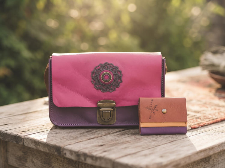 Pink Purple Handbag Set, Matching Coin Purse, Womens Evening Bag, Quirky Satchel Purse, Colourful Handbag Gift, Unique Gift for Her