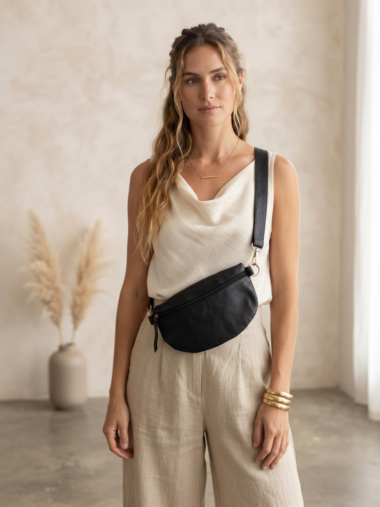 4 in 1 Black Leather Bag, Convertible Crossbody Purse, Leather Bum Bag, Shoulder Bag, Chest Pouch, Full Grain Leather Festival Bag