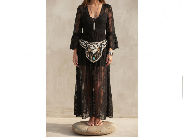 Beaded Cowhide Fanny Pack: Leopard Print Leather Belt Bag with Turquoise Stone