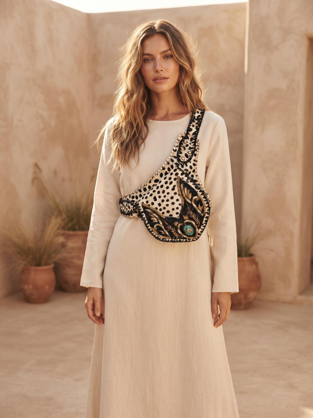 Beaded Cowhide Fanny Pack: Leopard Print Leather Belt Bag with Turquoise Stone