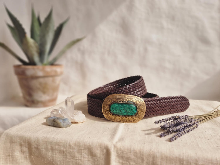 Boho Wide Leather Obi Belt: Engraved Western Buckle, Emerald Green Stone