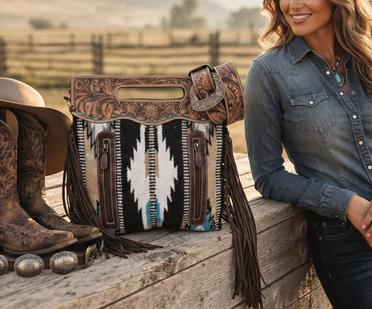 Fringe Leather Crossbody Bag, Aztec Inspired Western Purse, Tooled Leather Handbag, Cowgirl Festival Bag, Boho Tassel Bag, Large Purse