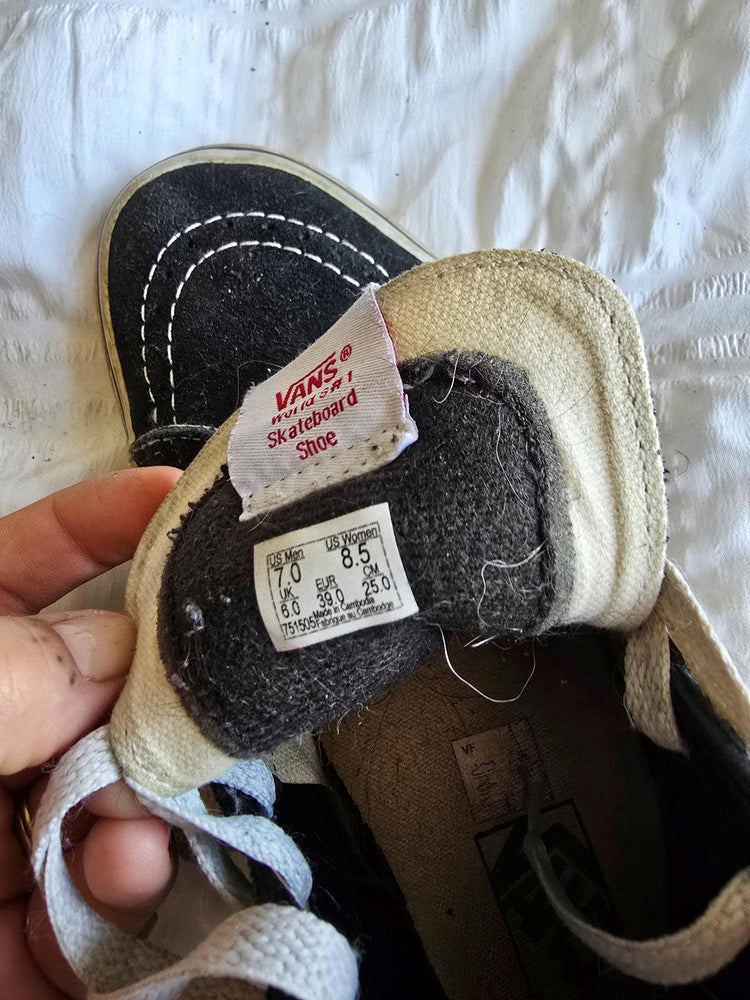 Vintage Vans High Top Shoes, Black White Skater Sneakers, Suede Canvas Ankle Shoes, Retro Grunge Punk Trainers, Classic Vans UK 6 EU 39