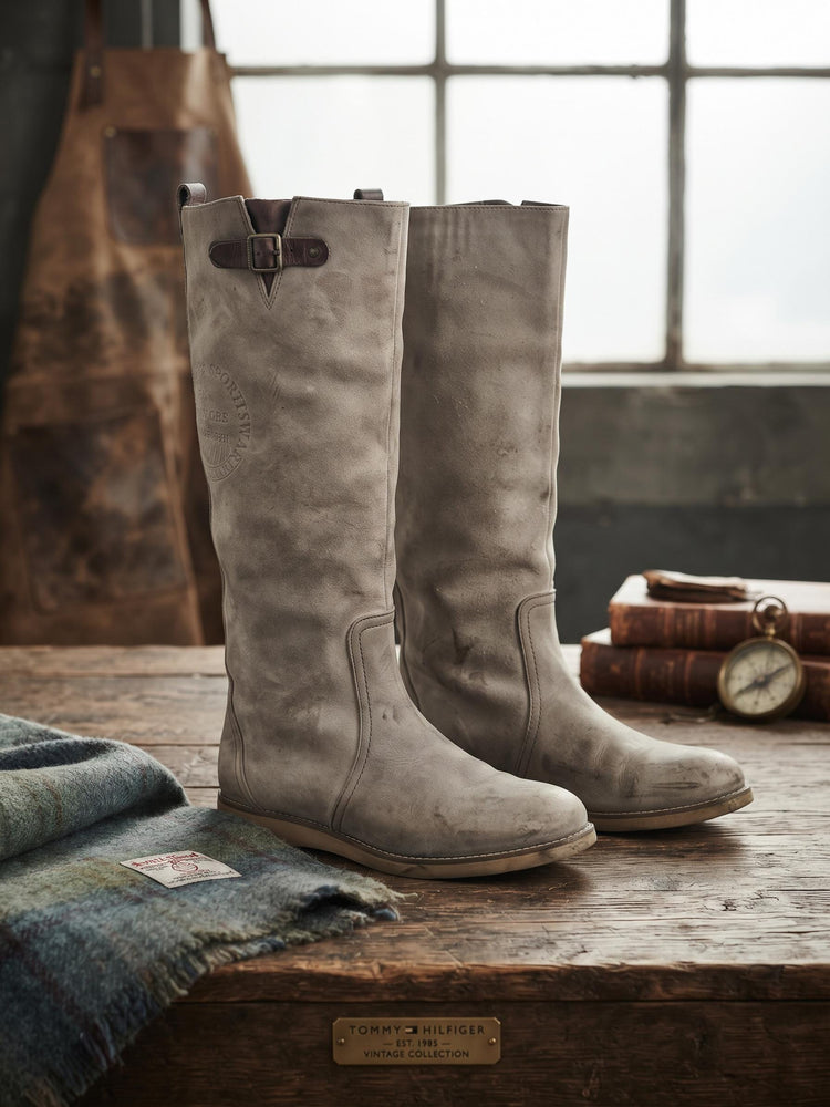 Vintage Tommy Hilfiger Suede Boots, Knee High Western Boots, Grey Beige Biker Boots, Y2K Boho Boots, Cowgirl Boots, Flat Suede Boots UK 6