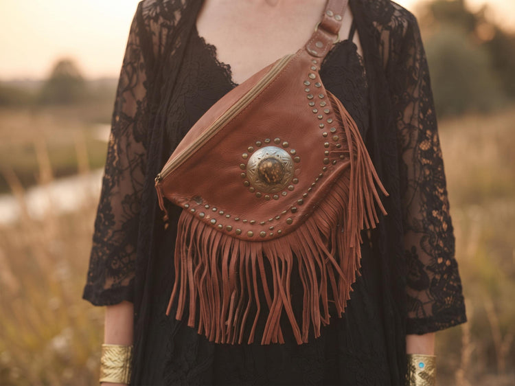 Genuine Leather Shoulder Bag, Fringe Bag, Vintage Fanny Pack, Western Festival Outfit