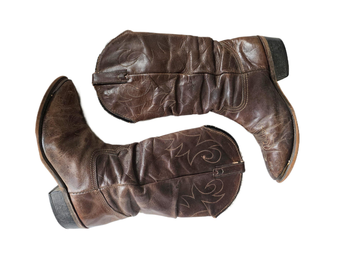 Vintage Durango Cowboy Boots, Dark Brown Leather Western Boots, Mid Calf Unisex Boots, Rustic Mens Cowgirl Boots, Retro Festival Footwear