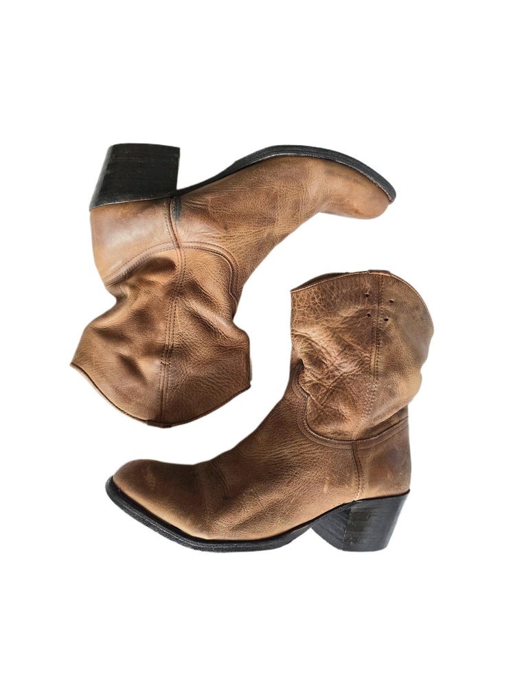 Vintage Brown Leather Ankle Boots, Tan Boho Booties, Western Cowgirl Shoes, Hippie Festival Boots, Genuine Leather Boots UK 5 EU 38