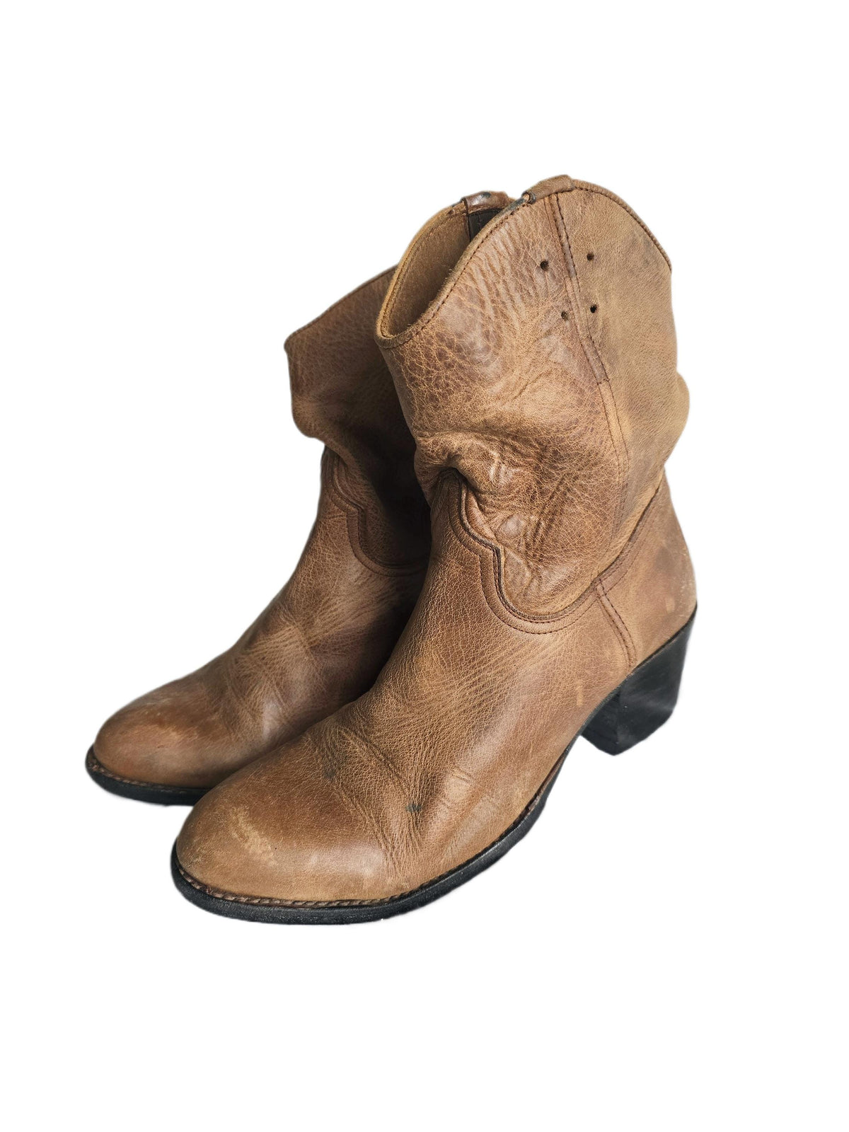 Vintage Brown Leather Ankle Boots, Tan Boho Booties, Western Cowgirl Shoes, Hippie Festival Boots, Genuine Leather Boots UK 5 EU 38