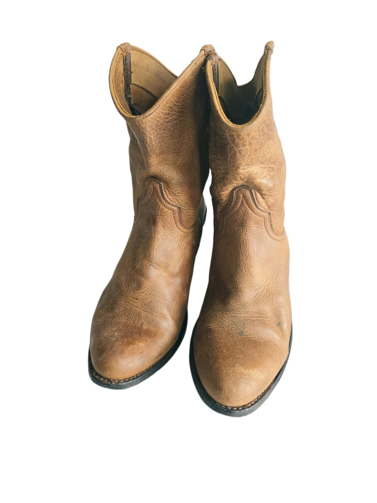 Vintage Brown Leather Ankle Boots, Tan Boho Booties, Western Cowgirl Shoes, Hippie Festival Boots, Genuine Leather Boots UK 5 EU 38
