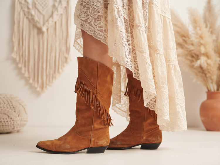 Boho Suede Fringe Cowgirl Boots 39, Western Knee High Boots UK 6, Shoes, Womens Hippie Festival Boots US 8