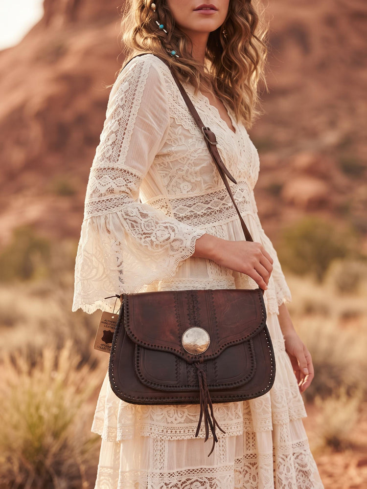 Dark Brown Tooled Leather Bag, Moroccan Style Crossbody Purse, Embossed Leather Handbag, Boho Vintage Shoulder Bag, Genuine Leather Satchel