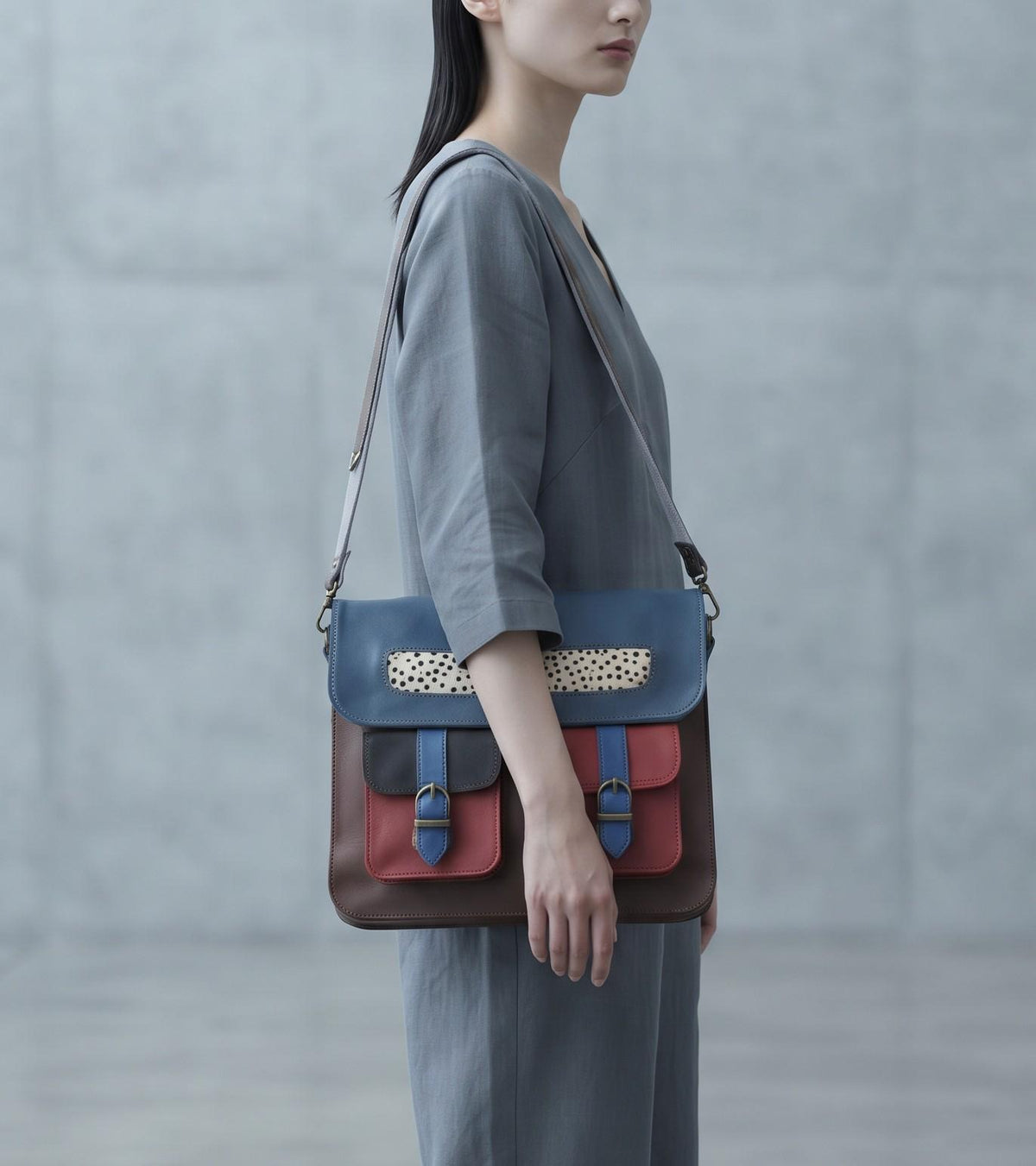 Multicoloured Leather Messenger Bag, Boho Laptop Crossbody Briefcase, Unique Cowhide Purse Colour Block, Medium 12" Satchel Women
