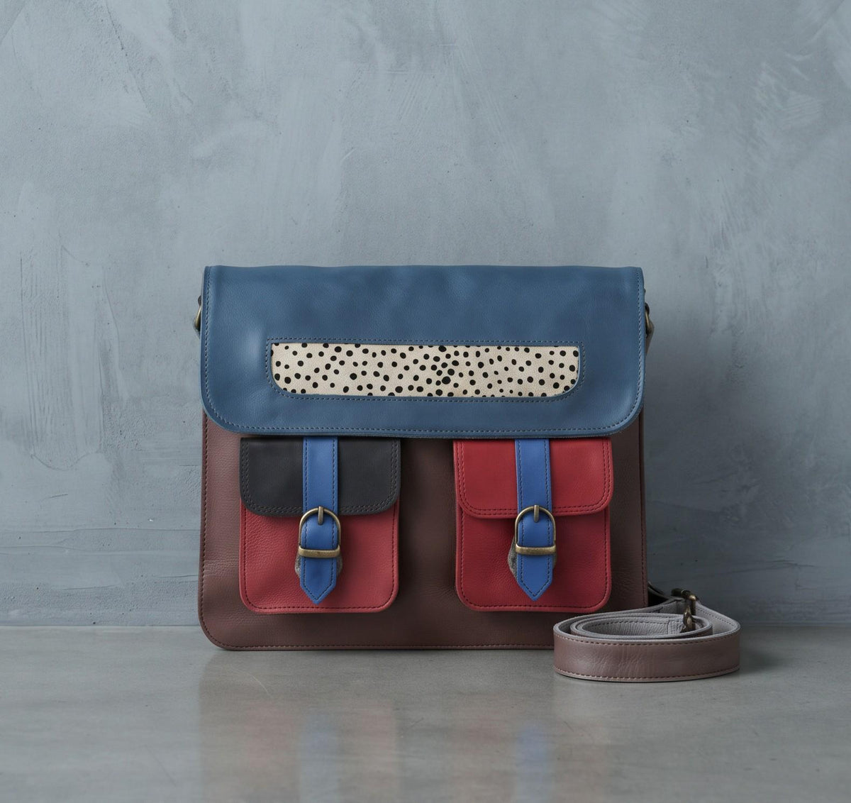 Multicoloured Leather Messenger Bag, Boho Laptop Crossbody Briefcase, Unique Cowhide Purse Colour Block, Medium 12" Satchel Women