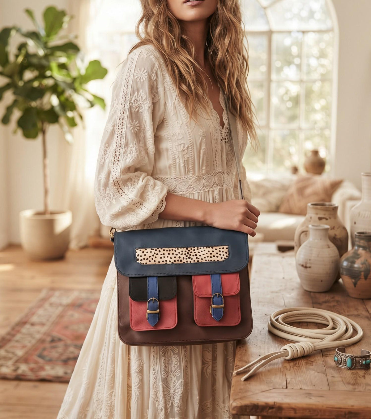 Multicoloured Leather Messenger Bag, Boho Laptop Crossbody Briefcase, Unique Cowhide Purse Colour Block, Medium 12" Satchel Women