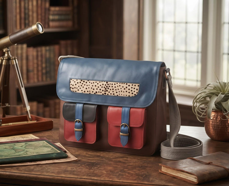 Multicoloured Leather Messenger Bag, Boho Laptop Crossbody Briefcase, Unique Cowhide Purse Colour Block, Medium 12" Satchel Women