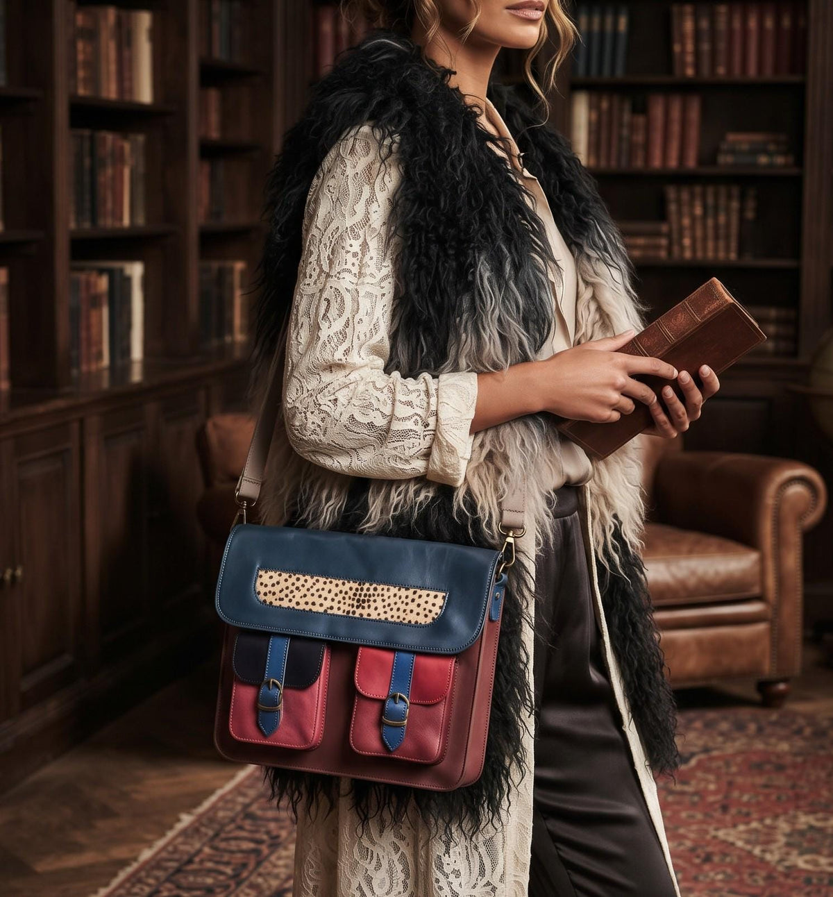 Multicoloured Leather Messenger Bag, Boho Laptop Crossbody Briefcase, Unique Cowhide Purse Colour Block, Medium 12" Satchel Women