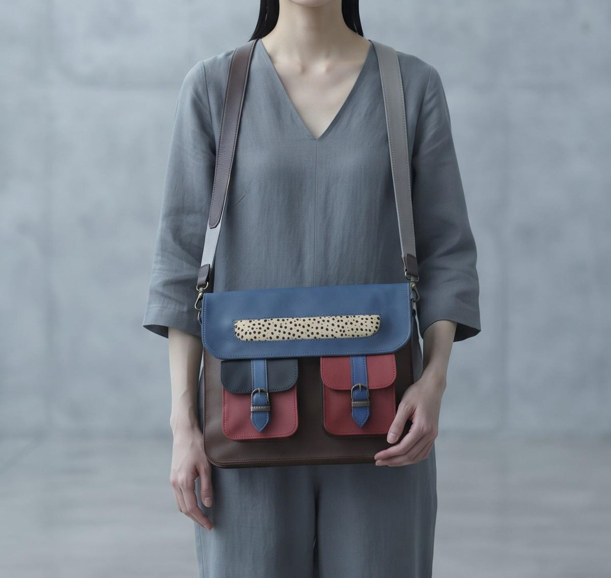 Multicoloured Leather Messenger Bag, Boho Laptop Crossbody Briefcase, Unique Cowhide Purse Colour Block, Medium 12" Satchel Women